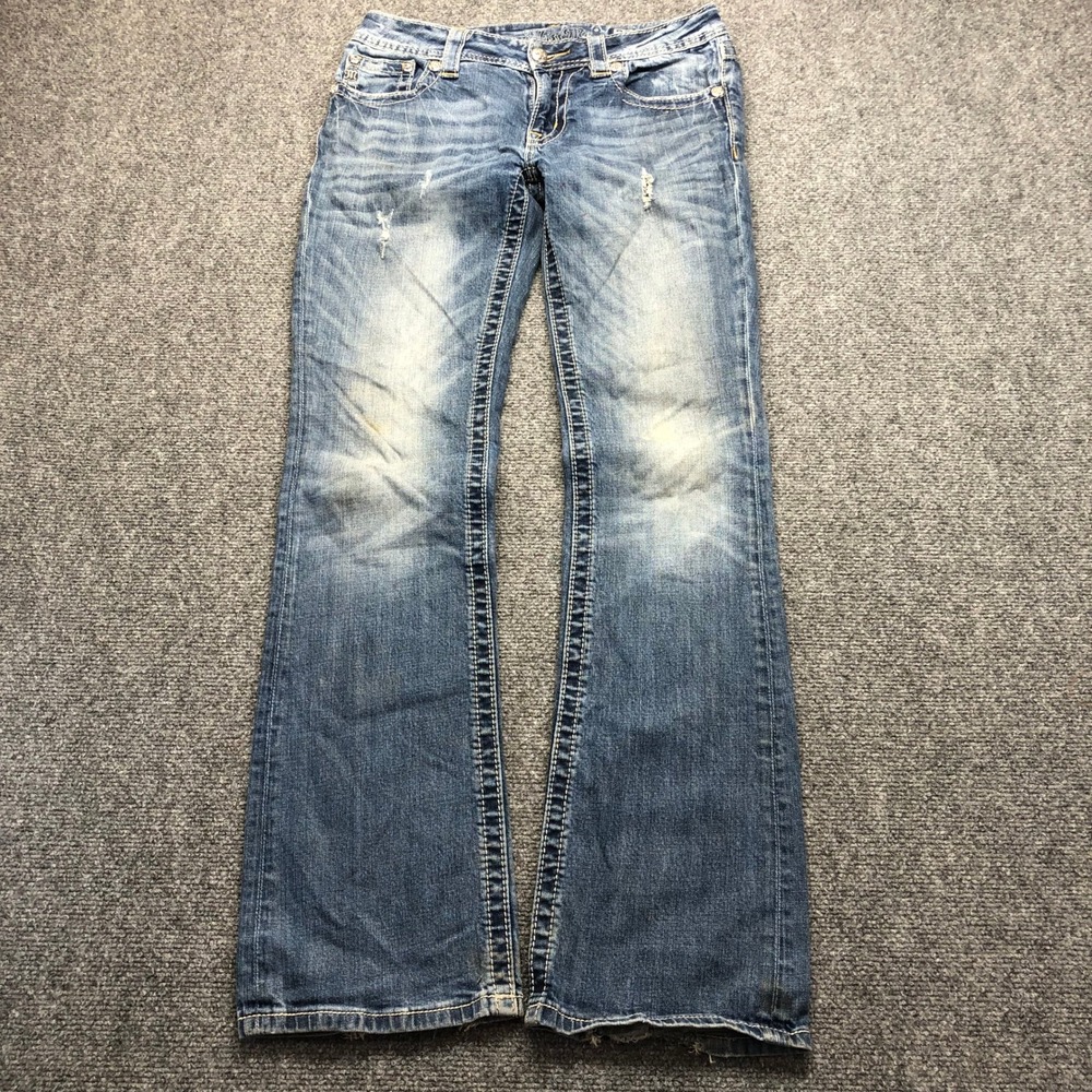 Miss Me Mid Rise Bootcut Jeans 29 Paisley Embroidered Rhinestone Distressed Blue
